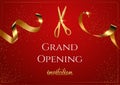 Grand opening invitation red vector banner. Shiny scissors cutting golden ribbon Royalty Free Stock Photo