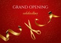 Grand opening invitation red vector banner. Shiny scissors cutting golden ribbon Royalty Free Stock Photo