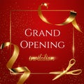 Grand opening invitation red vector banner. Shiny scissors cutting golden ribbon Royalty Free Stock Photo