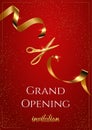 Grand opening invitation red vertical vector banner. Shiny scissors cutting golden ribbon Royalty Free Stock Photo