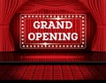 Grand Opening. Open Red Curtains with Neon Lights. Royalty Free Stock Photo