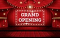 Grand Opening. Open Red Curtains with Neon Lights. Royalty Free Stock Photo
