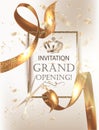 Grand Opening party banner with elegand beautiful ribbons and confetti.