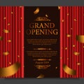 Grand opening party ceremony with illustration of red curtain silk with golden confetti