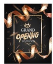 Grand opening party invitation card with textured ribbons, levitating confetti, sparkling frame and crown. Vector illustration