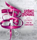 Grand opening Party invitation with curly ribbon, scissors and brick wall on the background.