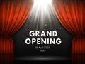 Grand opening poster with red curtains at theater stage. Theater curtain, gold sparks and spotlight beam on dramatic Royalty Free Stock Photo