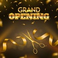 Grand opening ribbon cutting ceremony. Golden scissors cut ribbon, launching of new business luxury celebration event Royalty Free Stock Photo