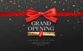 Grand opening sale. Red ribbons, banner design on black background