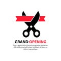 Grand opening. Scissors cut the red ribbon. Inauguration icon. Concept of invite congratulation for client of restaurant or cafe.