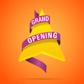 Grand Opening vector Banner design with Yellow Arrow and Purple Ribbon Royalty Free Stock Photo