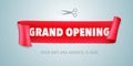 Grand opening vector banner, poster, illustration. Eye catching design element with red ribbon Royalty Free Stock Photo