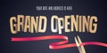 Grand opening vector illustration, background with cut out golden sign and scissors cutting red ribbon Royalty Free Stock Photo