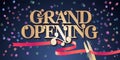 Grand opening vector illustration, background with golden lettering sign and scissors cutting ribbon Royalty Free Stock Photo