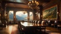 Grand ornate boardroom with polished wooden table and luxurious leather chairs, mountain view. AI generated