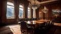 Grand ornate boardroom with polished wooden table and luxurious leather chairs, mountain view. AI generated