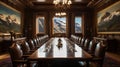 Grand ornate boardroom with polished wooden table and luxurious leather chairs, mountain view. AI generated