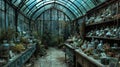 A grand ornate greenhouse stands at the heart of the garden its glass walls filled with a vast array of rare and ancient Royalty Free Stock Photo