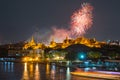 Grand palace at twilight with Colorful Fireworks (Bangkok, Thailand) Royalty Free Stock Photo