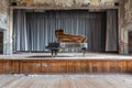 Grand Piano on Abandoned Theater Stage with Tattered Curtains and Decaying Wood Flooring