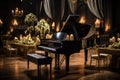 grand piano centerpiece in a sophisticated ballroom Royalty Free Stock Photo