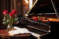 Grand piano decorated with a red rose and scattered musical sheets, valentine, dating and love proposal image