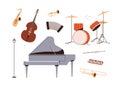 Grand piano, drum kit, trumpet, double bass, flute, jazz saxophone, trombone, squeezebox, microphone. Music instruments