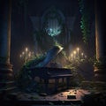 Grand Piano in Enchanted Forest, outwardly, surreal, luminescent, opalescent, AI Generative