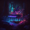 Grand Piano in Enchanted Forest, outwardly, surreal music instrument, luminescent, opalescent, AI Generative