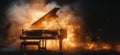 Grand piano engulfed in flames, dramatic fire and smoke effects, intense visual contrast, artistic representation of Royalty Free Stock Photo