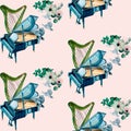 Grand piano, harp and flowers watercolor seamless pattern on beige.