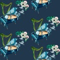 Grand piano, harp and flowers watercolor seamless pattern on dark.