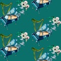 Grand piano, harp and flowers watercolor seamless pattern on green.