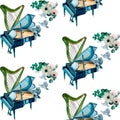 Grand piano, harp and flowers watercolor seamless pattern on white