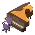 Grand piano icon isometric vector. Keyboard stringed music instrument and chair Royalty Free Stock Photo