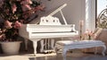 Grand piano in a luxury white classic interior with wine, palms and flowers Royalty Free Stock Photo
