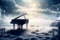 The grand piano silhouette on the beach by the sea in winter season with the sea and snow mountains background Generative AI Royalty Free Stock Photo