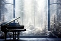 The grand piano silhouette in the room winter season with snow forest the concept a song about winter, music Generative AI Royalty Free Stock Photo