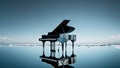 Piano sitting on clearing sea. sky. surreal. Generative AI. Beautiful scenery. Instrument