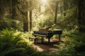 Grand piano sitting in lush calm green forest with the sun. Abstract surreal music background. AI generated Royalty Free Stock Photo