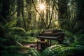 Grand piano sitting in lush calm green forest with the sun. Abstract surreal music background. AI generated Royalty Free Stock Photo