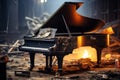 A grand piano sitting on top of a pile of rubble. Generative AI image. Royalty Free Stock Photo