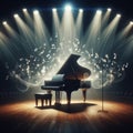 Grand piano, on stage, engulfed in joyous musical notes Royalty Free Stock Photo