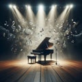 Grand piano, on stage, engulfed in joyous musical notes Royalty Free Stock Photo