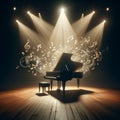 Grand piano, on stage, engulfed in joyous musical notes Royalty Free Stock Photo