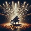 Grand piano, on stage, engulfed in joyous musical notes Royalty Free Stock Photo