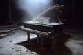 A grand piano stands in a dark room, its glossy surface covered in a layer of white snow, A haunting apparition of a pianist