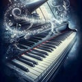 A grand piano with swirling musical notes and cosmic elements creates a symphony of visual , GenerativeAI Royalty Free Stock Photo