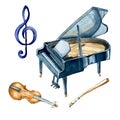 Grand piano, violin watercolor illustration on white background.