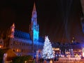 Grand place with the town hall in Brussels at christmas time at night, Royalty Free Stock Photo
